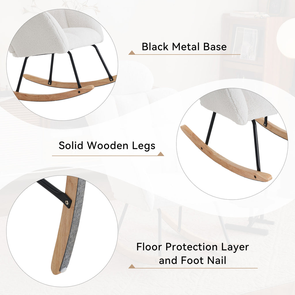 Modern Ivory Teddy Fabric Upholstered Nursery Rocking Glider Chair with Padded Seat and High Backrest