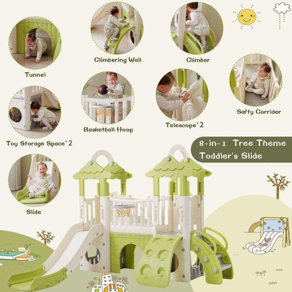 8-1 Toddler Climber and Slide Set,Kids Slide for Toddlers Age 1+, Kids Playground Climber Freestanding Slide Playset with Basketball Hoop, Play Combination for Babies,Indoor& Outdoor