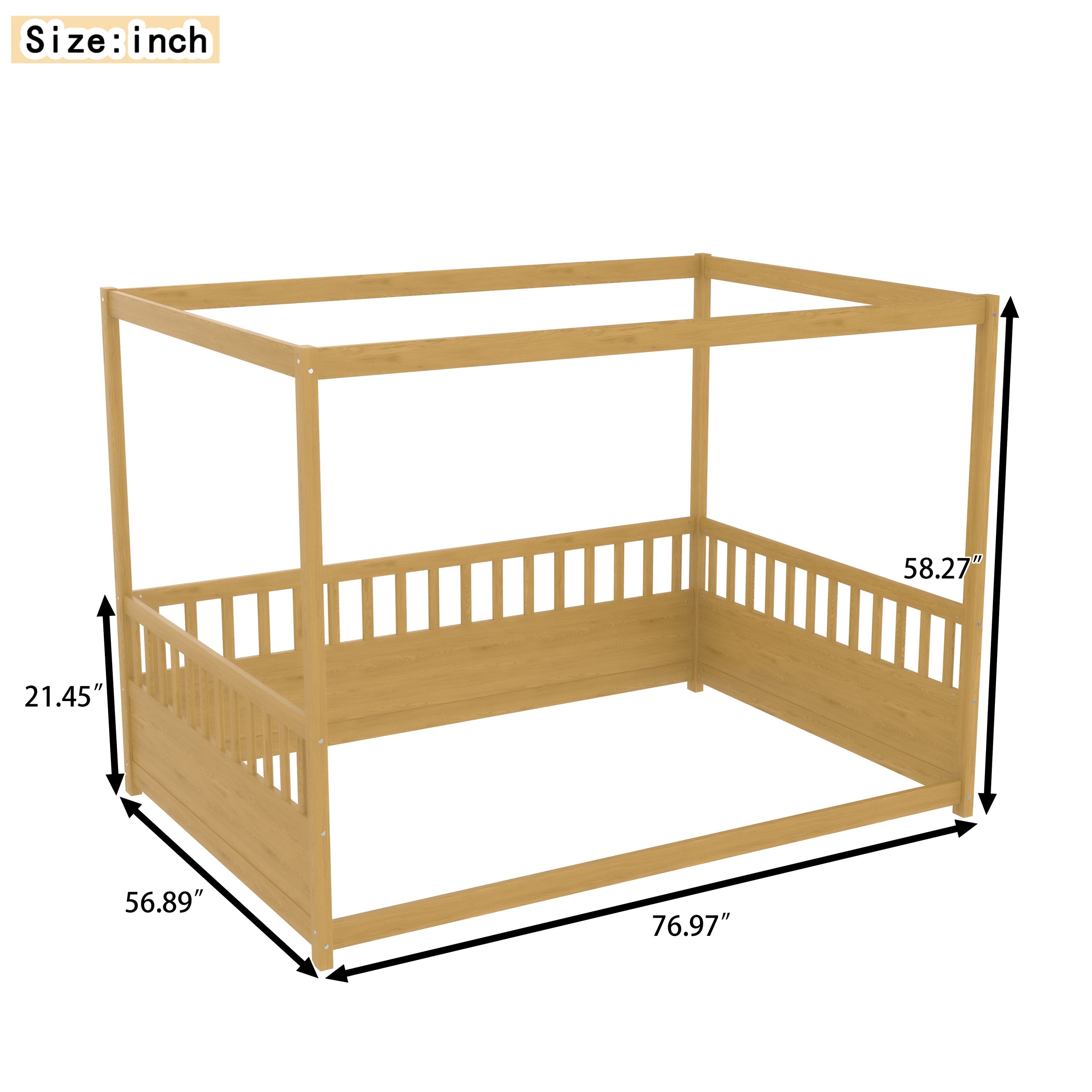 Full Size Canopy Bed Frame with Guardrails for Kids,Floor Bed Full with Four Poster Design,Kids Montessori Floor Bed,Wood Canopy Bed Frame for Girls,Boys(Full,Natural)