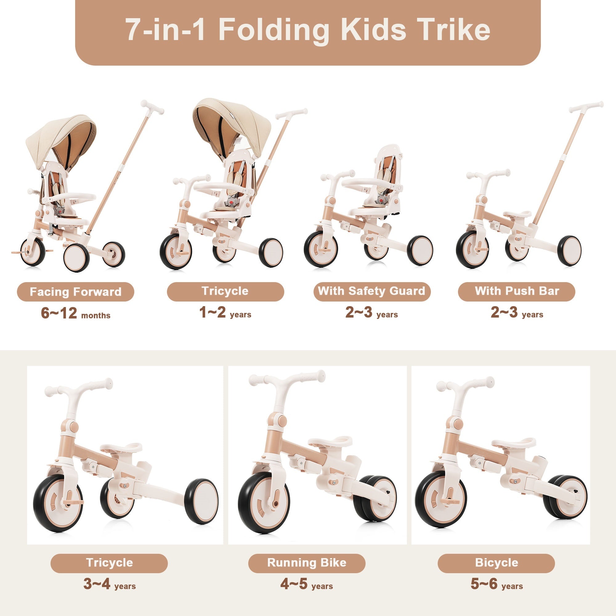 7 in 1 Baby Tricycle, Foldable Toddler Tricycle with Removable and Adjustable Parent Handle, Toddler Push Bike with Removable Pedal, Canopy, and Guardrail, Tricycle for 12-72 Months, light brown