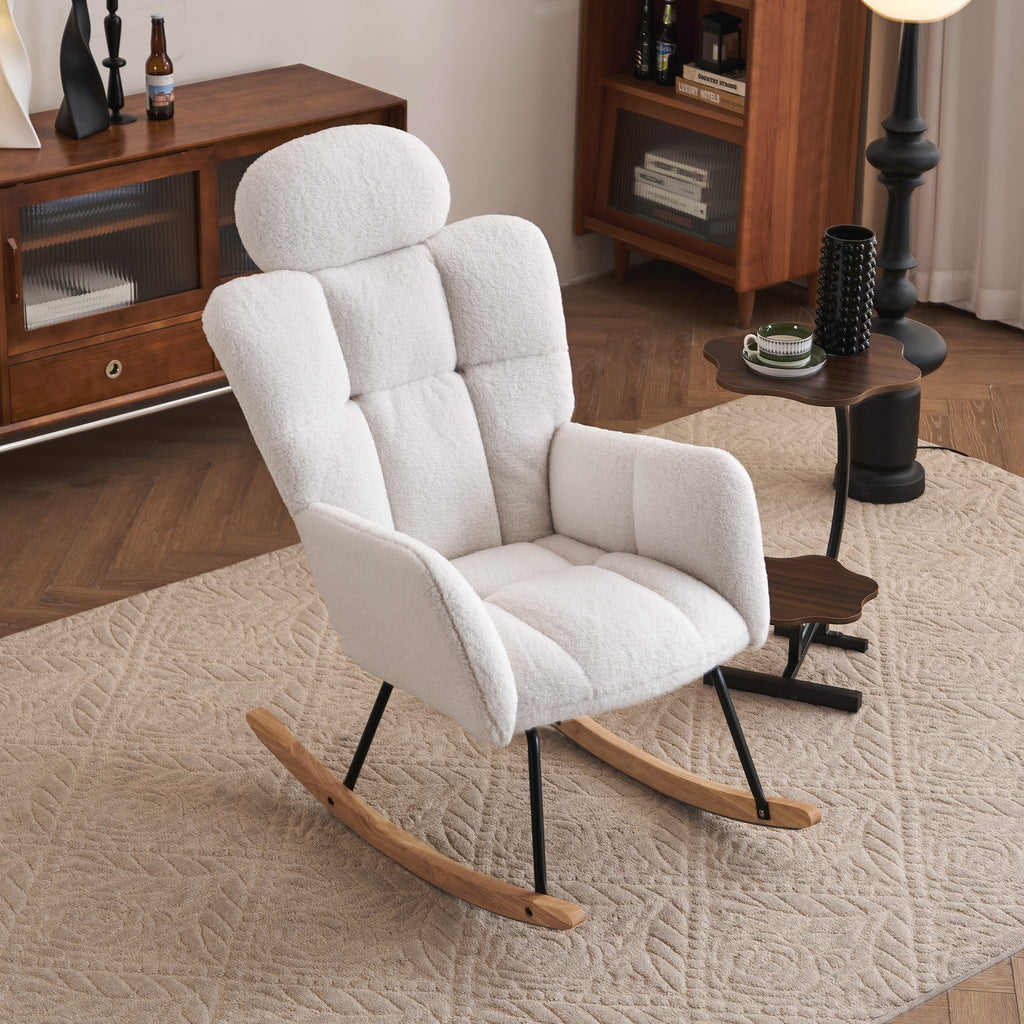Modern Ivory Teddy Fabric Upholstered Nursery Rocking Glider Chair with Padded Seat and High Backrest