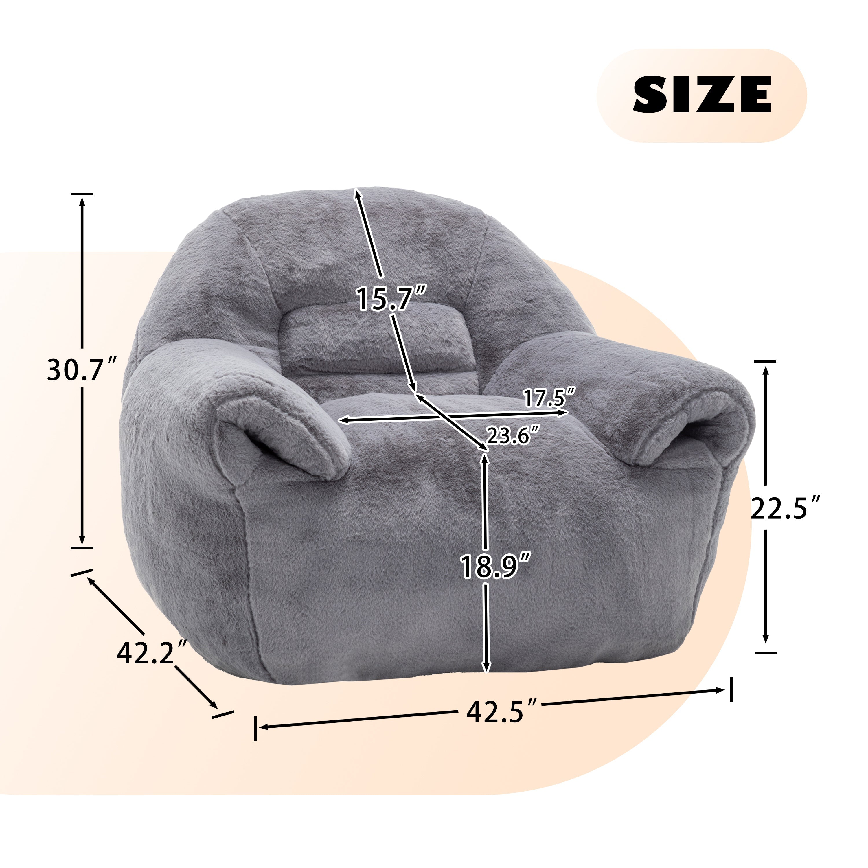 Bean Bag Chair, Comfy Bean Bag Sofa with Back Support, Faux Fur Bean Bag Chair for Adults and Kids, Stuffed Floor Sofa for Living Room, Bedroom, Apartment, Grey