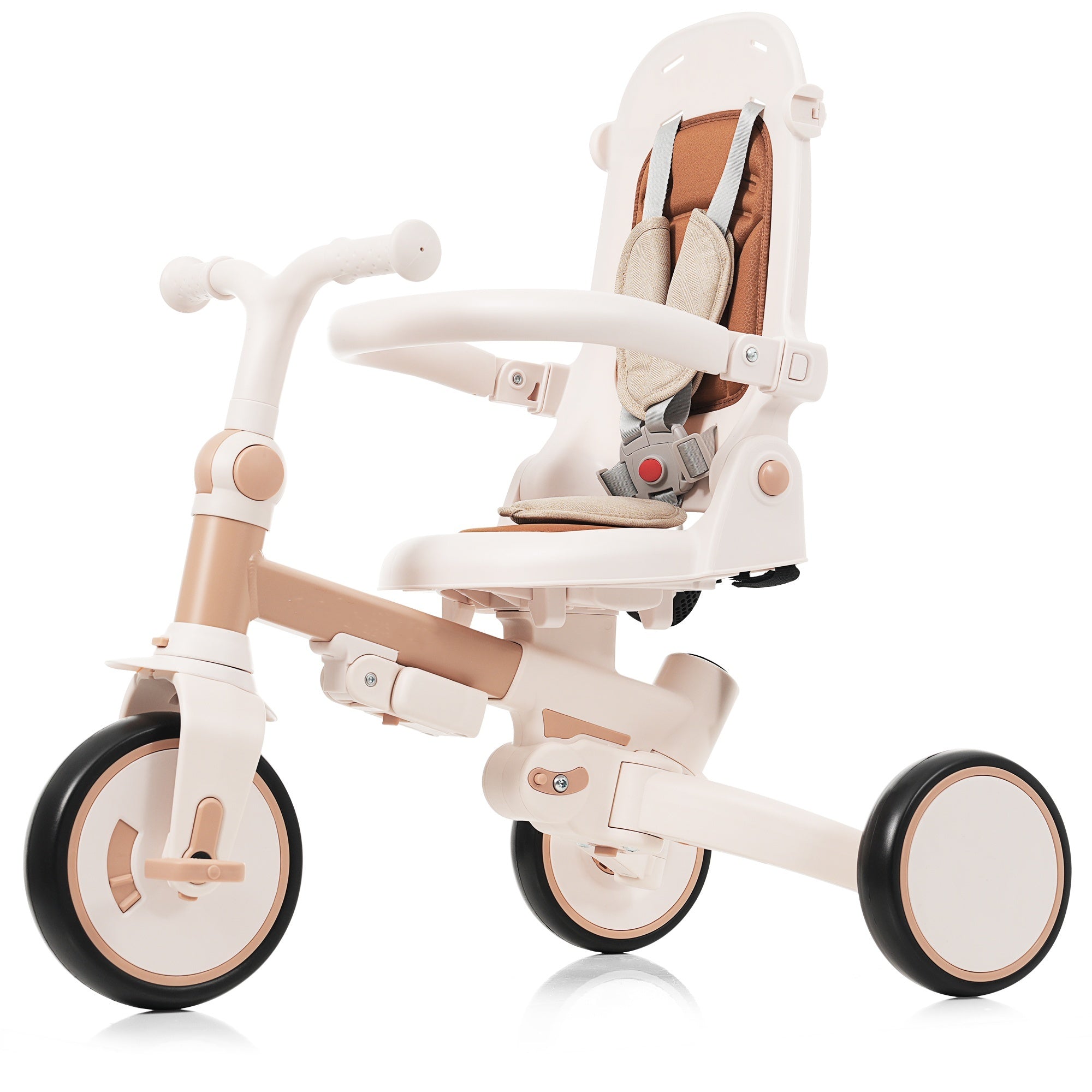 7 in 1 Baby Tricycle, Foldable Toddler Tricycle with Removable and Adjustable Parent Handle, Toddler Push Bike with Removable Pedal, Canopy, and Guardrail, Tricycle for 12-72 Months, light brown