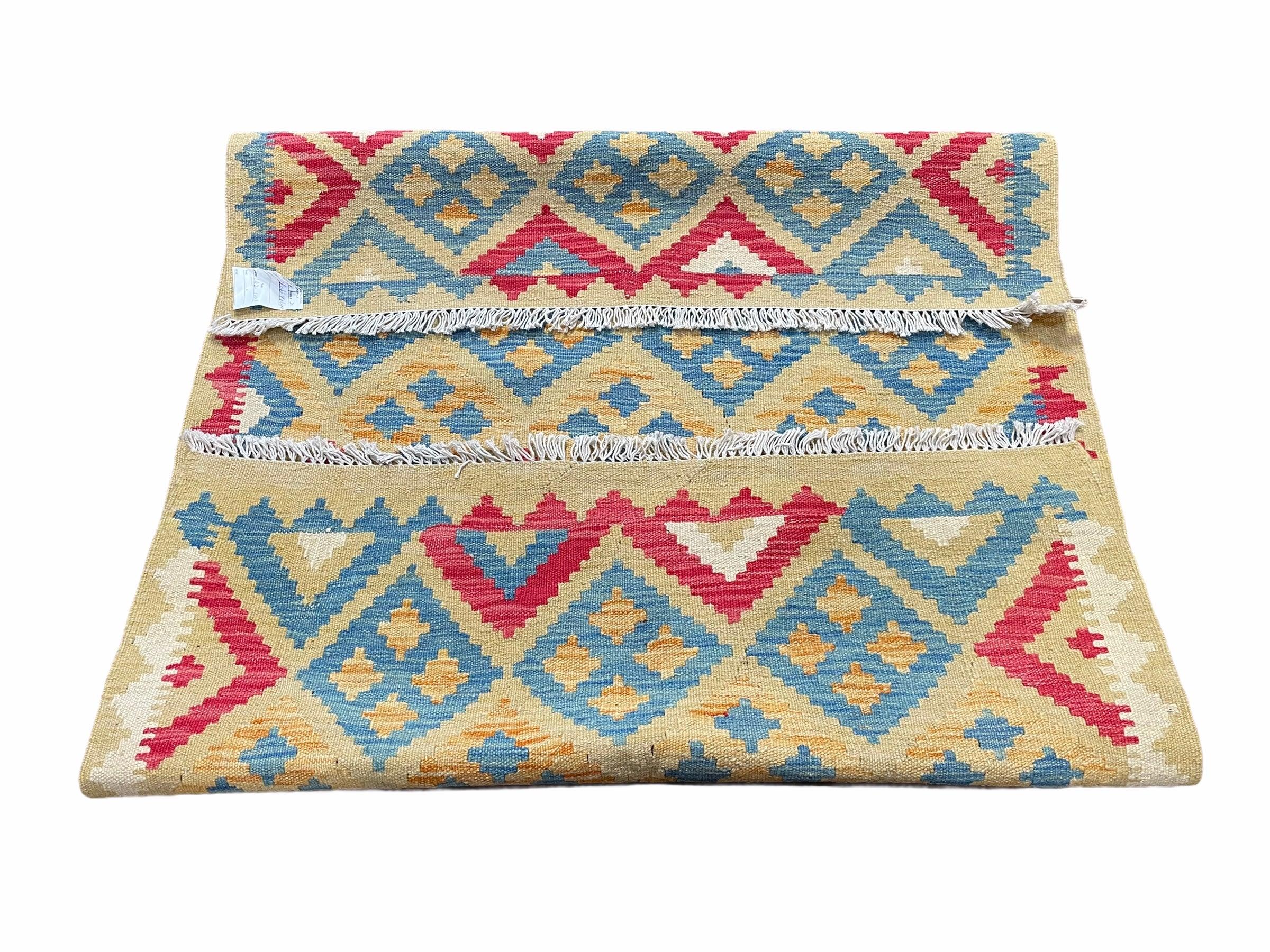 3x5 Kilim Rug Multicolor Tribal Kilim Rug 3 x 5 Tan Light Blue Red Beige New Turkish Anatolian Wool Kilim Flatweave Rug
