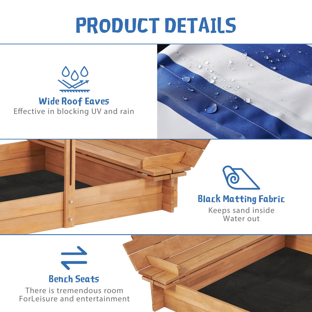 Kids Sandbox with Adjustable Cover, 46'' Wooden Sand Box with 2 Foldable Bench Seats, Outdoor Sandpit for Backyard Play