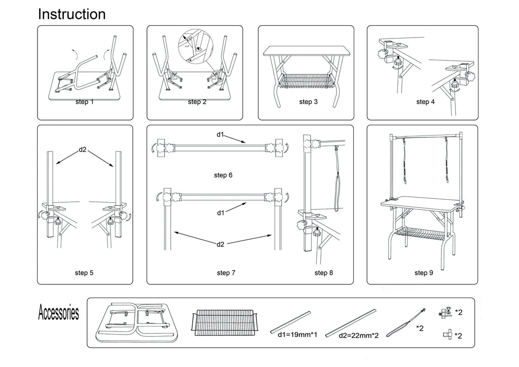 46' Folding Dog Pet Grooming Table Stainless Steel Frame Rubber Mat on Board with Adjustable Arm and Clamps pet dog Cat Grooming Table (SILVER-GRAY COLOR)