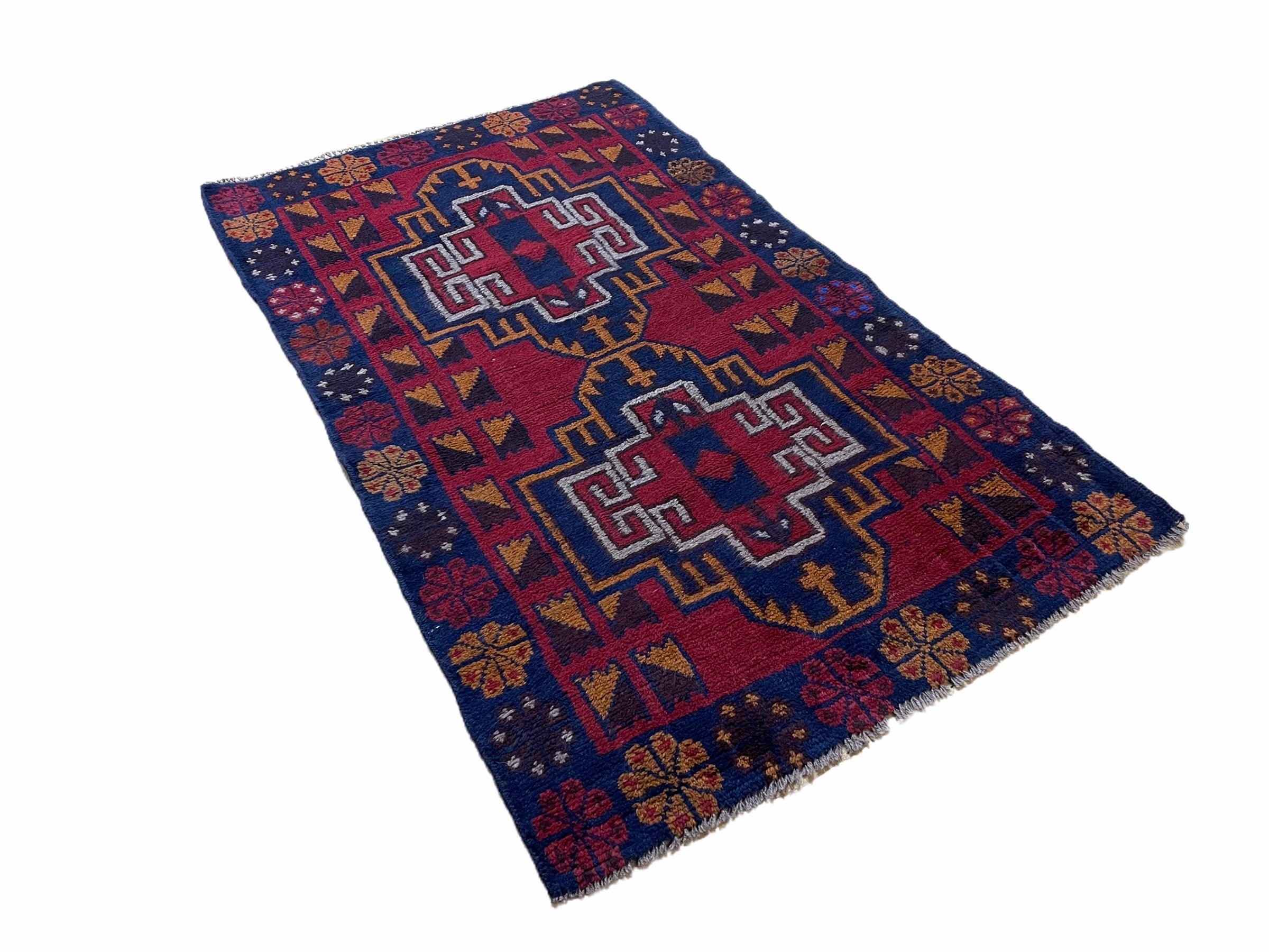 3 X 4.3 Vintage Handmade Tribal Wool Rug Balouch Rug Afghan Rug Red Blue Nice