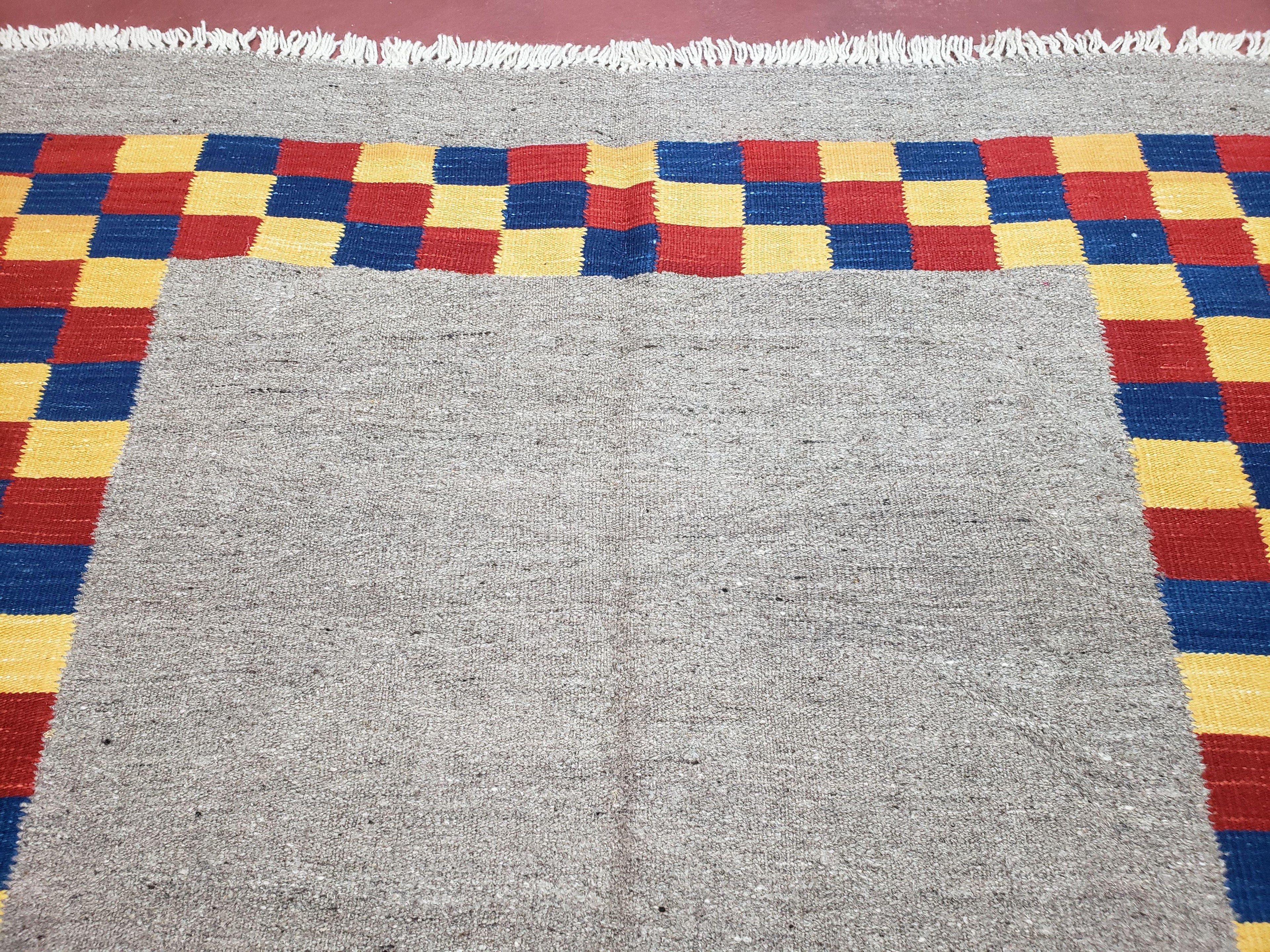 New Turkish Kilim Area Rug, Gray Carpet With Colorful Checker Border, 5'6" x 8", Flatweave Carpet, Playroom Rug, Kids Room Rug, Hand-Knotted