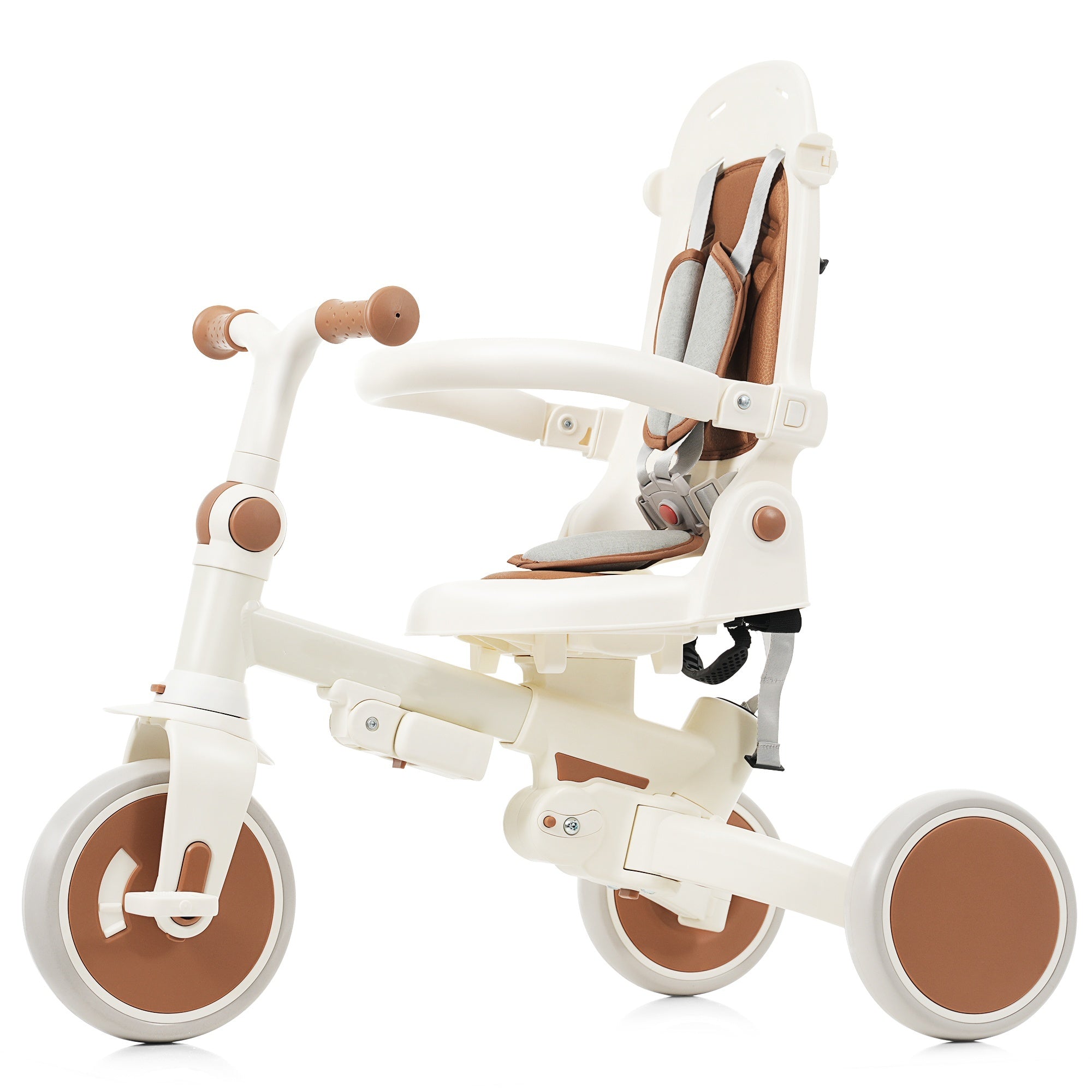 7 in 1 Baby Tricycle, Foldable Toddler Tricycle with Removable and Adjustable Parent Handle, Toddler Push Bike with Removable Pedal, Canopy, and Guardrail, Tricycle for 12-72 Months, ivory and brown