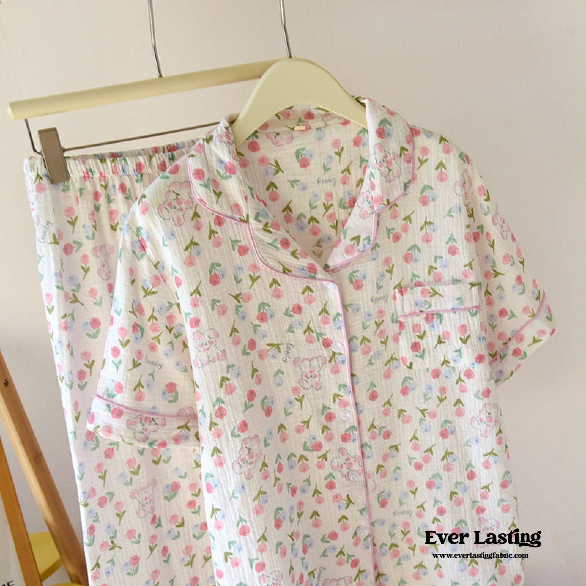 Floral Garden Short Sleeves and Pants Cotton Pajama Set / White