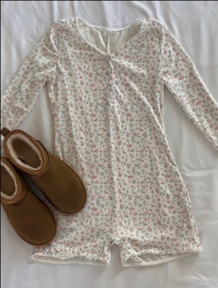 Floral Pajama Long Sleeves Bodysuit / Pink