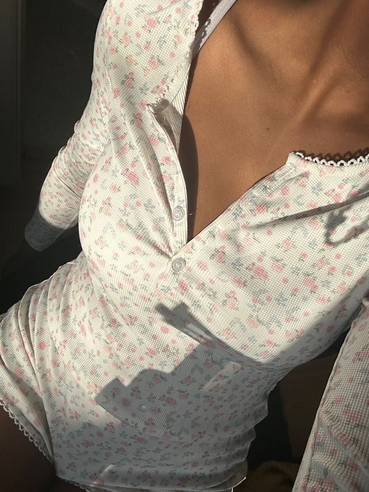 Floral Pajama Long Sleeves Bodysuit / Pink