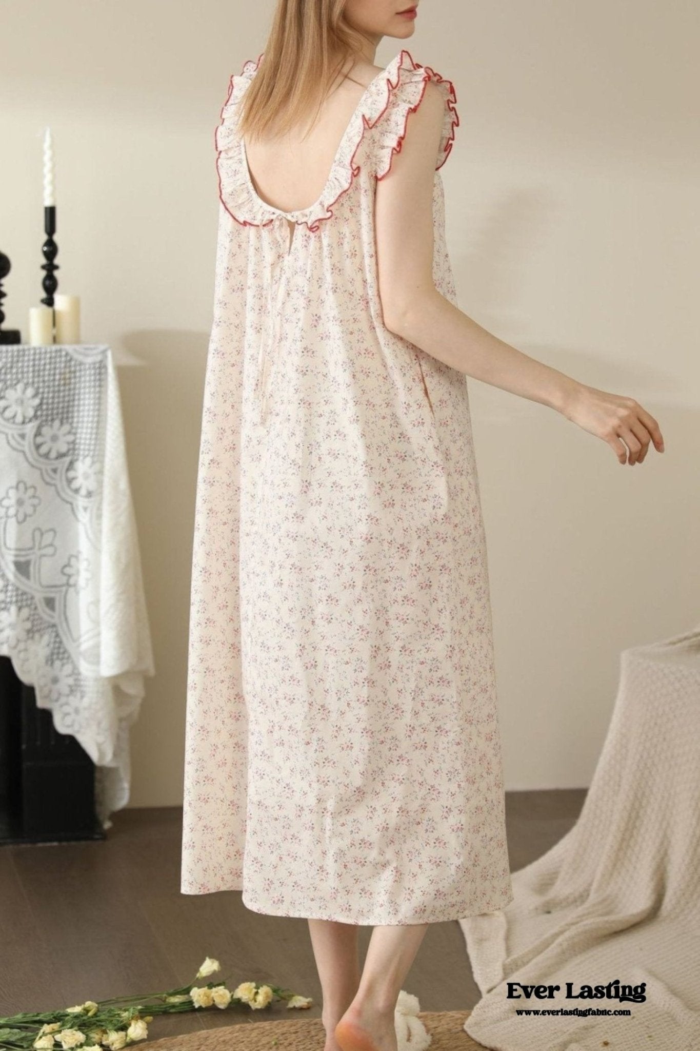 Floral Ruffle Lounge Pajamas Nightgown Dress / Beige