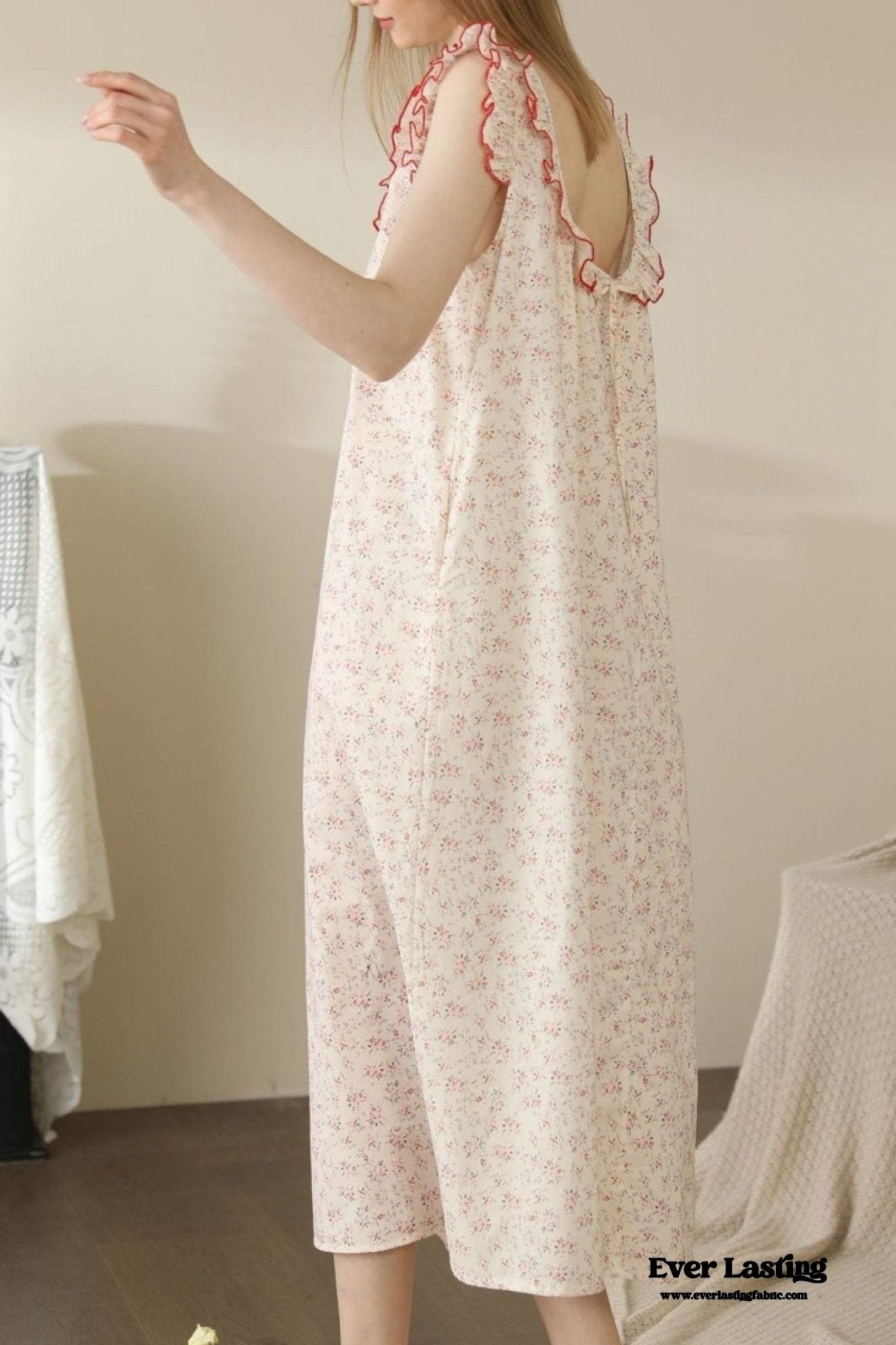 Floral Ruffle Lounge Pajamas Nightgown Dress / Beige