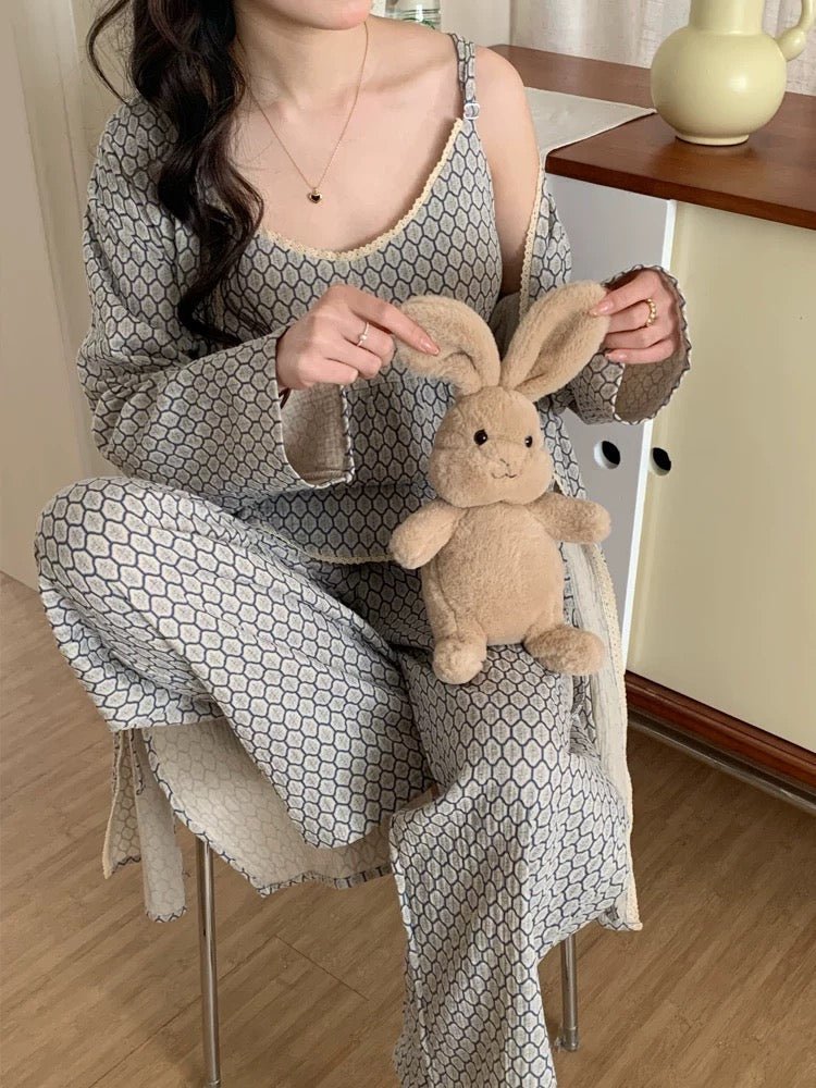 Floral V Tank and Long Pants with Cardigan Cotton Pajama Set / Blue