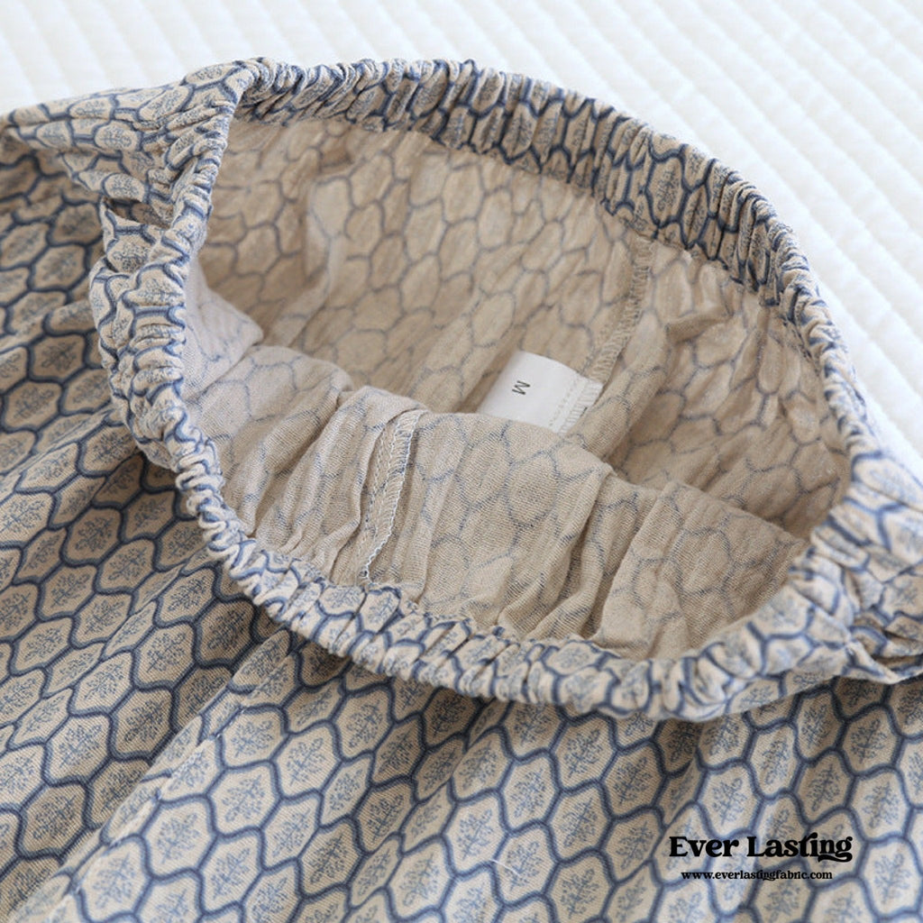 Floral V Tank and Long Pants with Cardigan Cotton Pajama Set / Blue