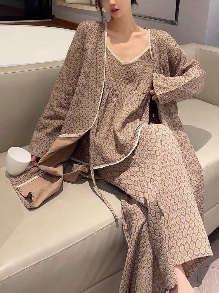 Floral V Tank and Long Pants with Cardigan Cotton Pajama Set / Blue