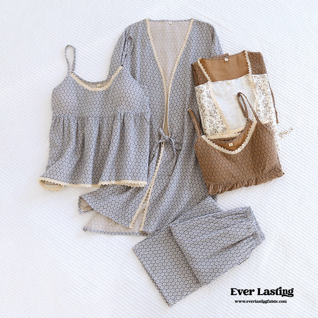 Floral V Tank and Long Pants with Cardigan Cotton Pajama Set / White