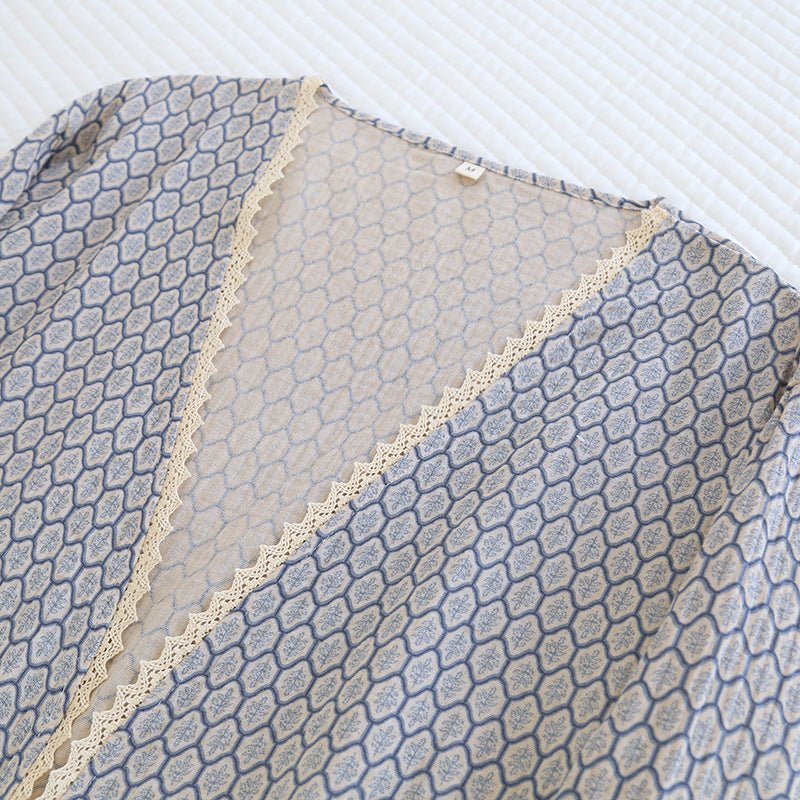 Floral V Tank and Long Pants with Cardigan Cotton Pajama Set / White