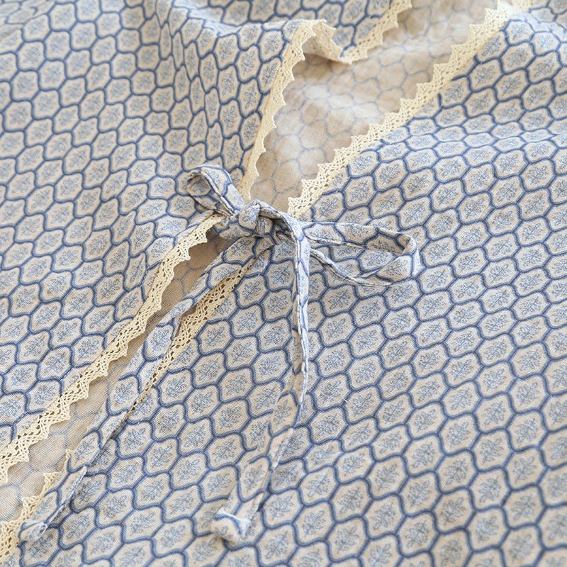 Floral V Tank and Long Pants with Cardigan Cotton Pajama Set / White