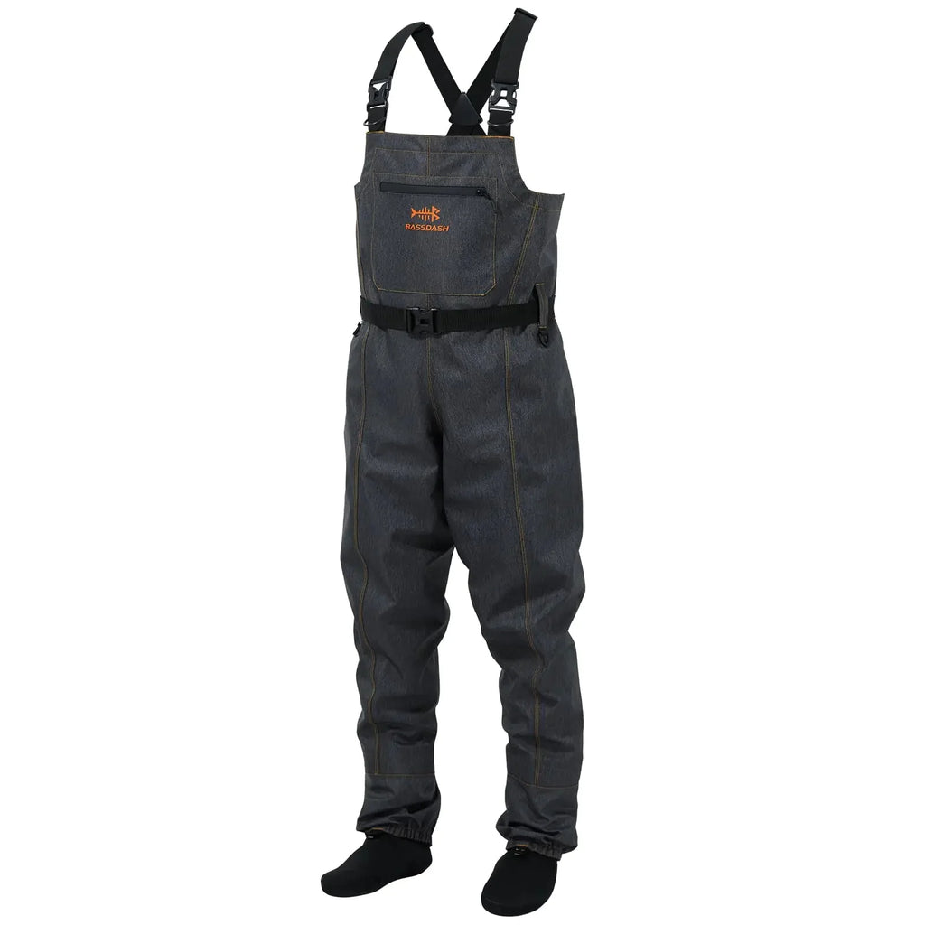 BASSDASH Men’s Denim Breathable Chest Waders Waterproof Durable Lightweight Stocking Foot for Fishing Hunting ATV Riding