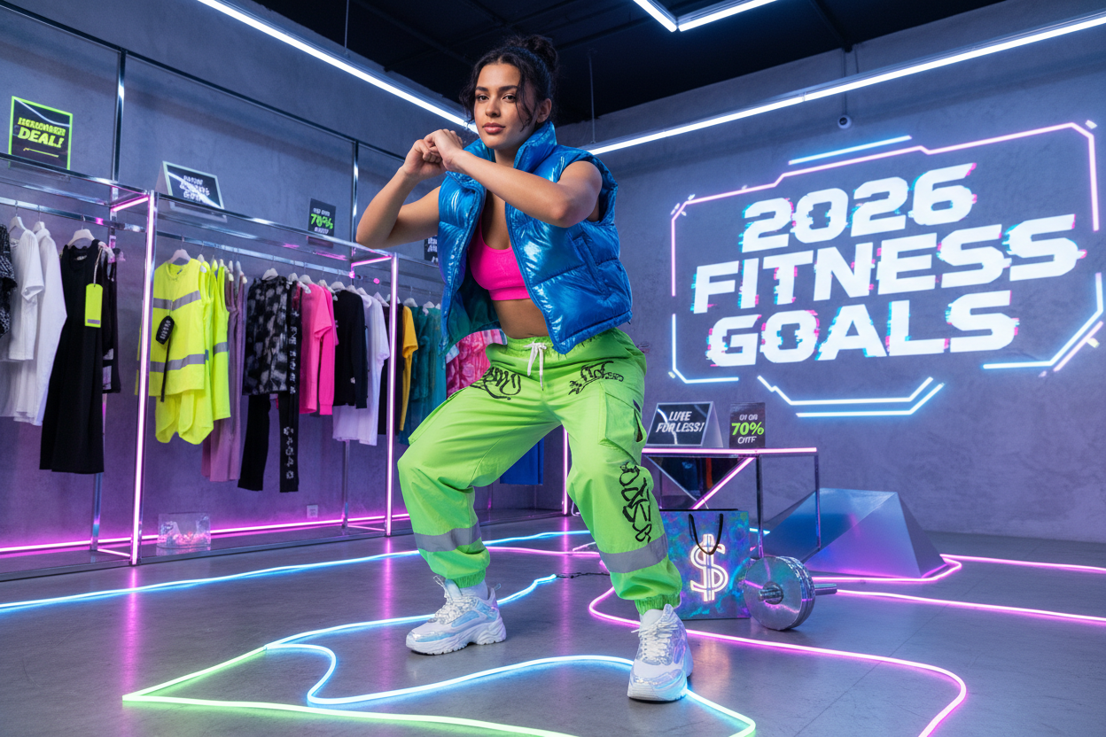 Gen Z-inspired aesthetic: Fitness goals for 2026, with a focus on designer outlet shoppers.