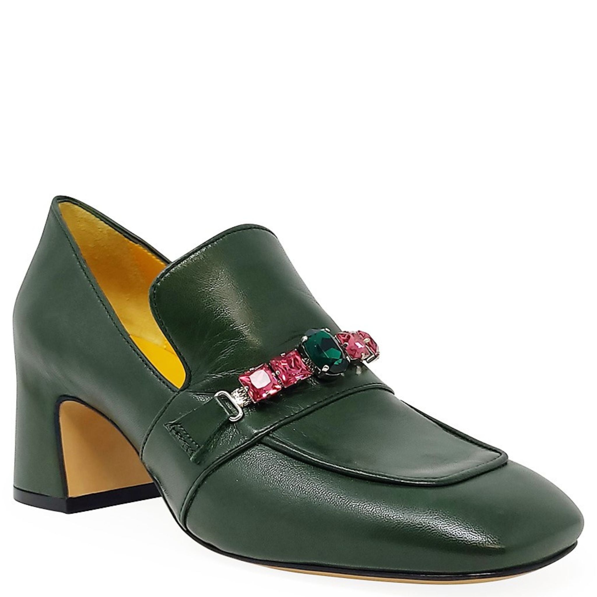 Green Leather Mid Heel Jeweled Loafer