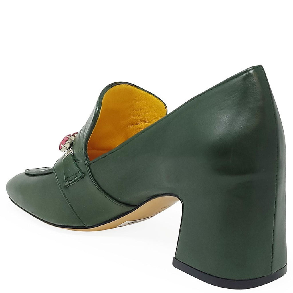 Green Leather Mid Heel Jeweled Loafer
