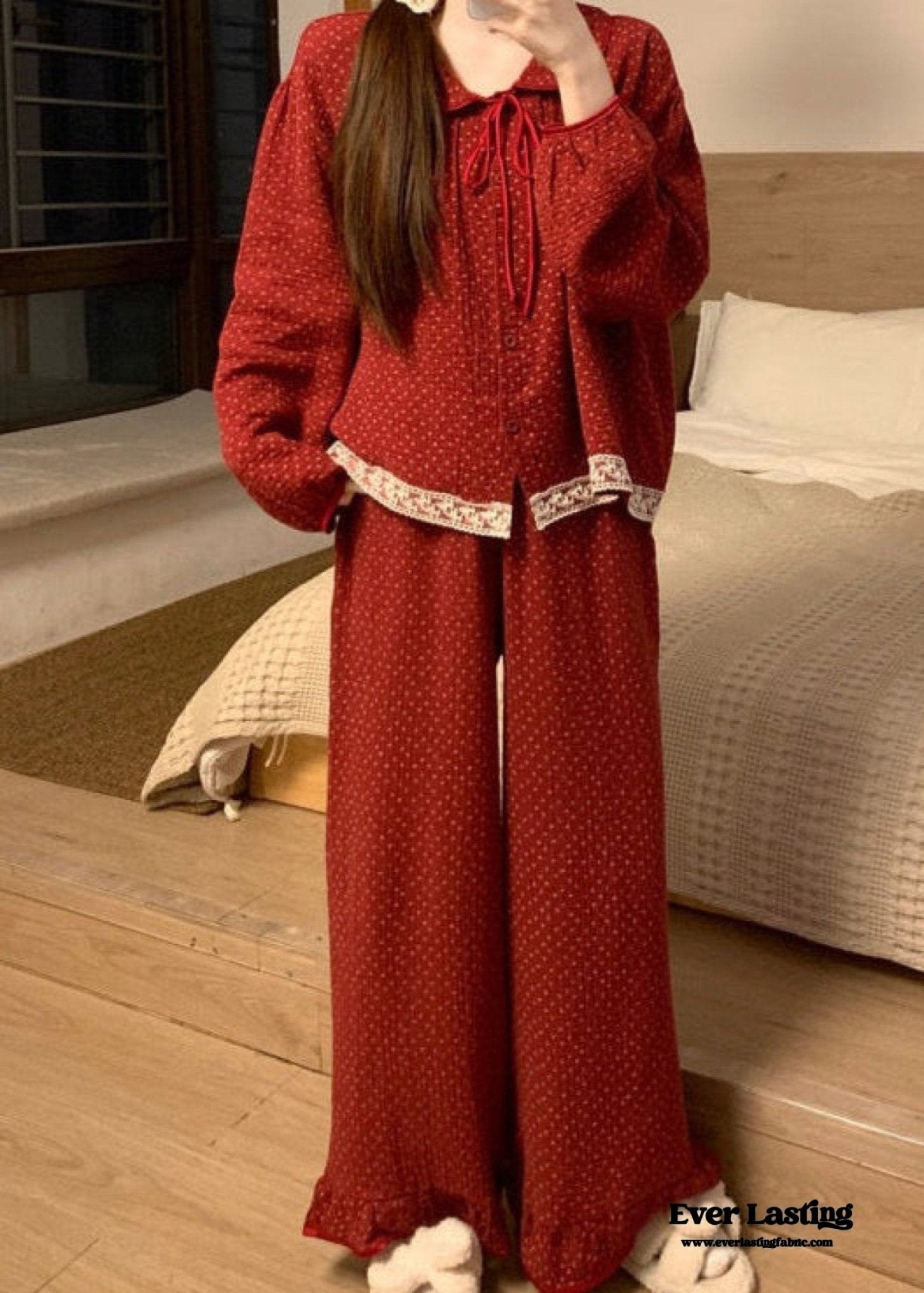 Ivy Red Floral Ruffled Pajama Set / Pullover