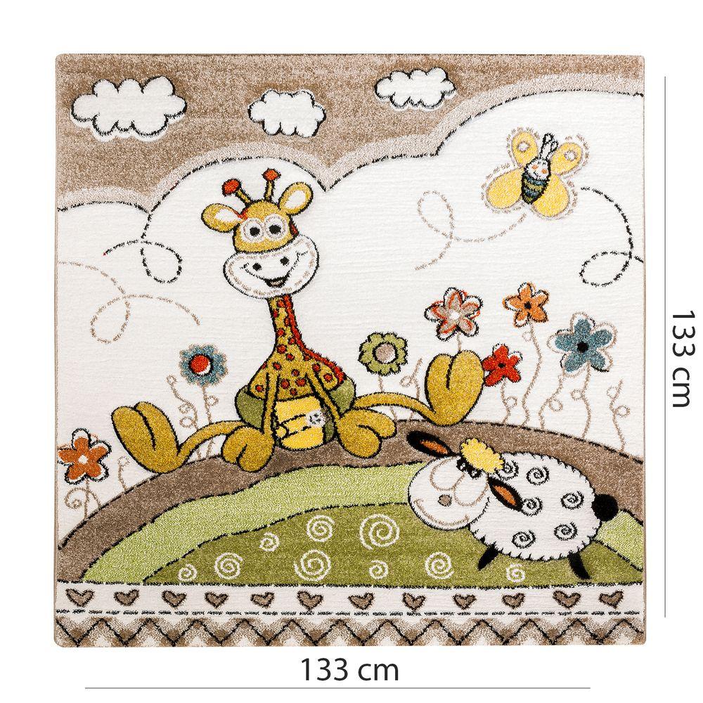 Kid's Rug Cosmo with Baby Giraffe & Sheep in Beige Cream