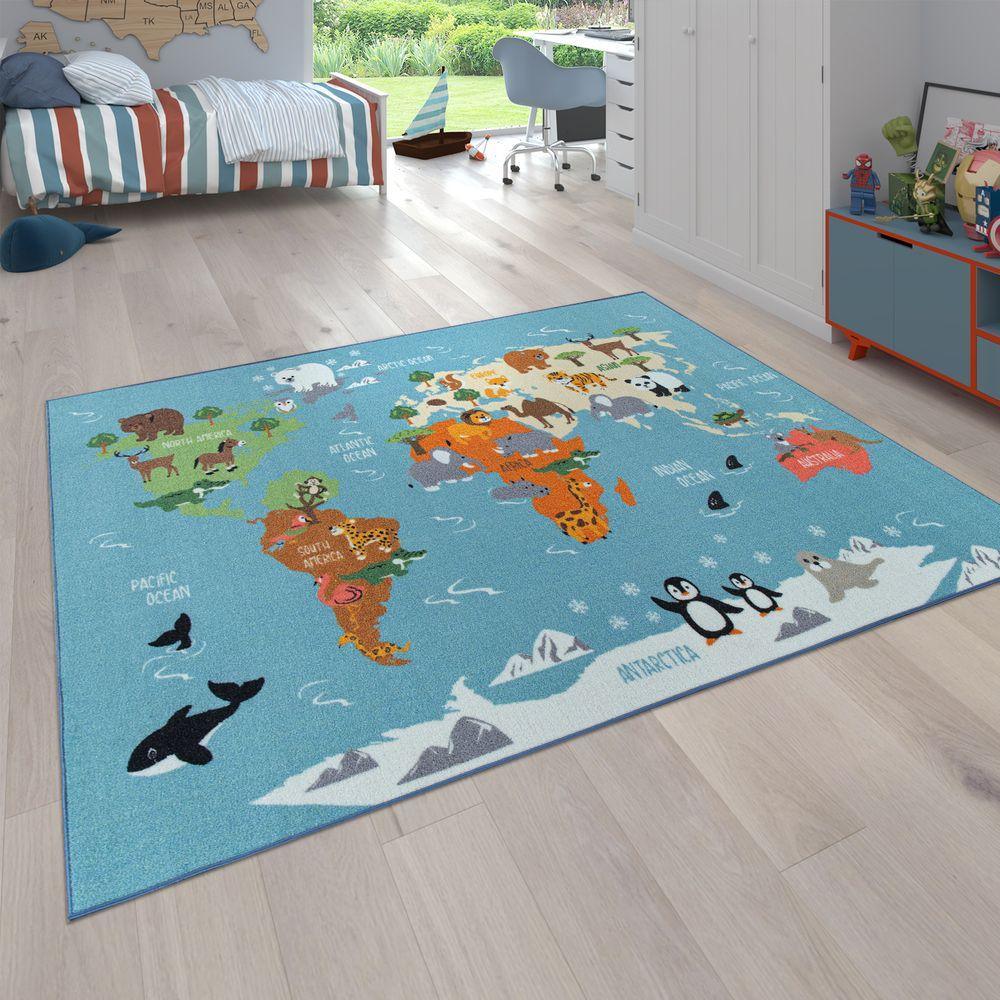 Kids Play Rug for Nursery World map with Animals in blue