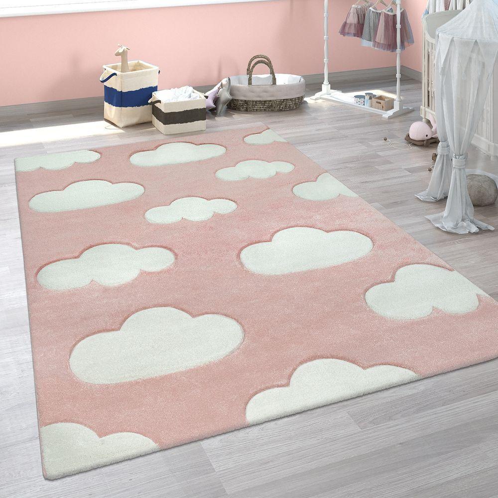 Kids Room Rug Cosmo with Clouds in Pastel Pink White