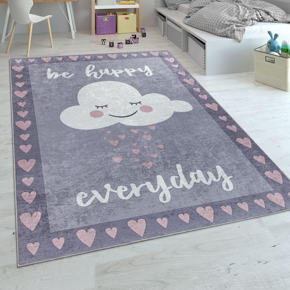 Kids Rug Cloud and Hearts for Nursery in Grey Pink