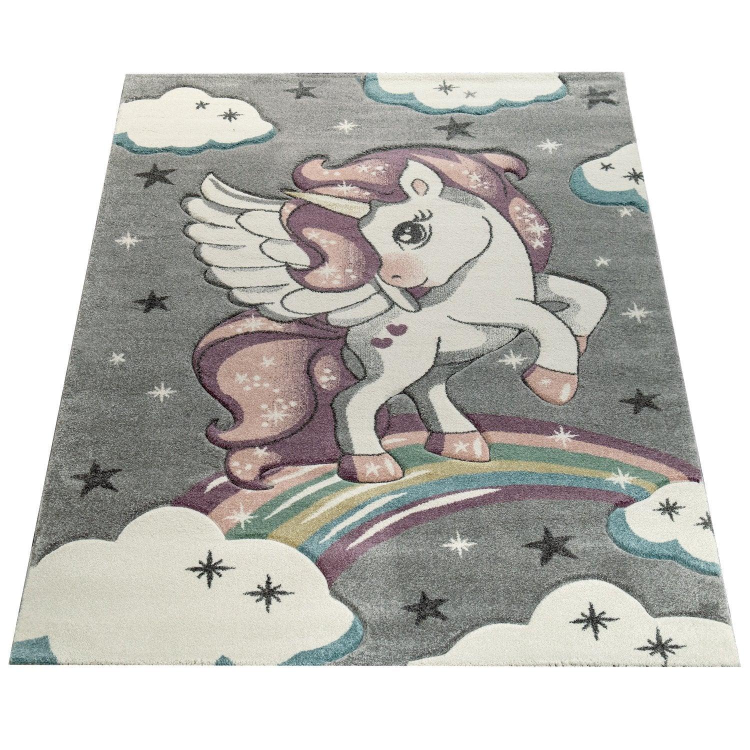 Kids Rug Rainbow Unicorn Colourful Grey