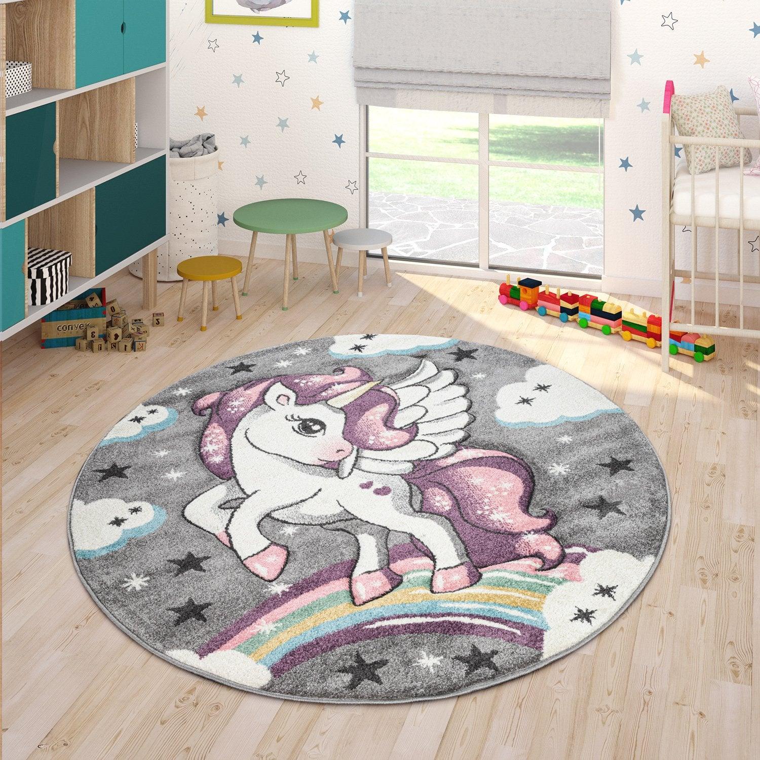 Kids Rug Rainbow Unicorn Colourful Grey