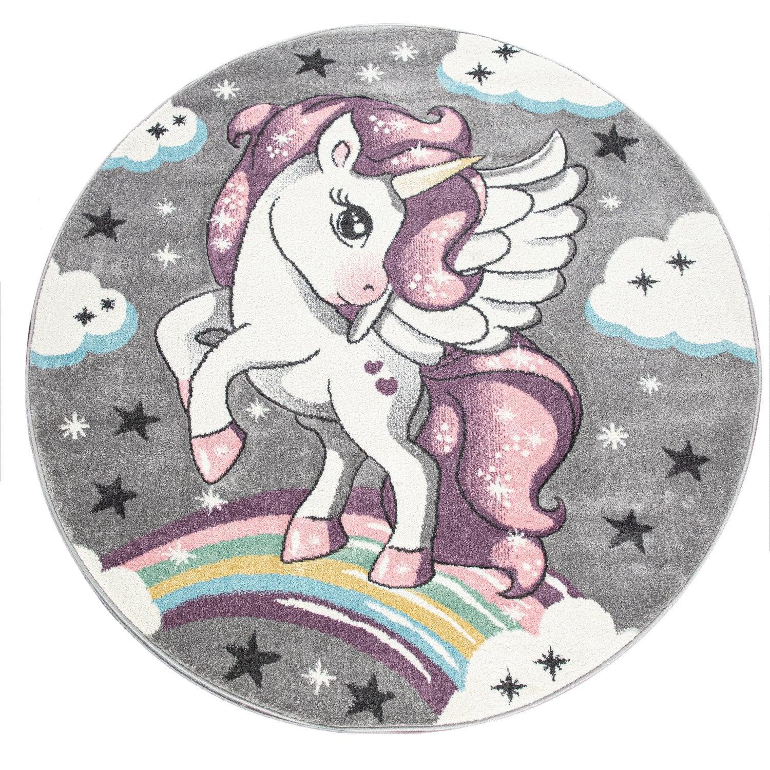 Kids Rug Rainbow Unicorn Colourful Grey