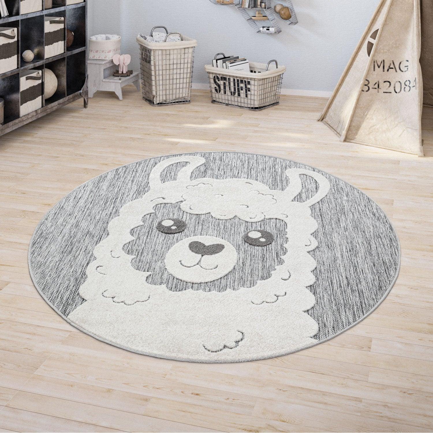 Kids Rug Tweet Round Play Mat Llama Motif in Mottled Grey