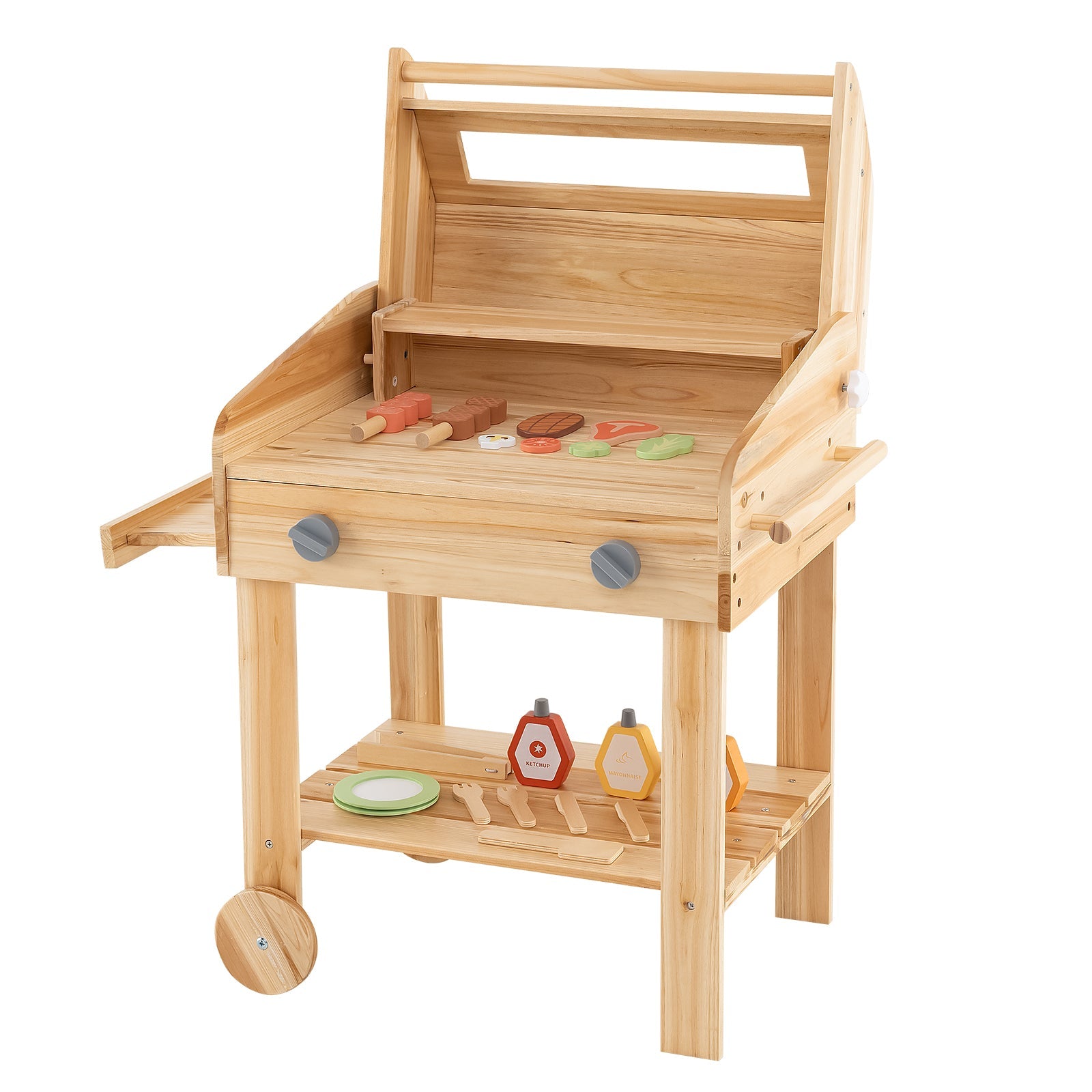 Kids Wooden Barbecue Grill Playset Pretend Kitchen with Food and Wheels-Natural