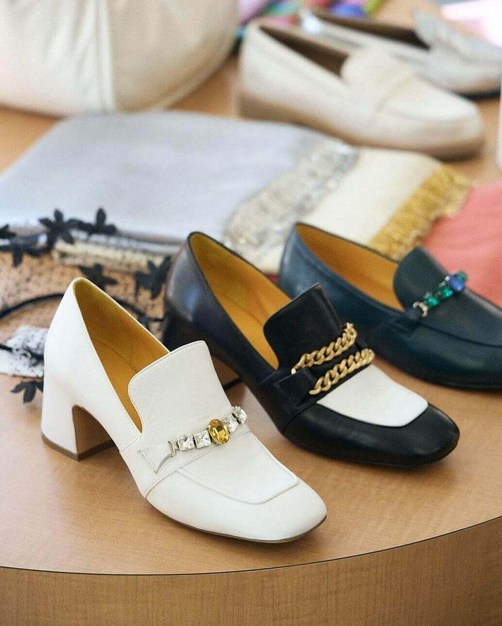 Black Leather Mid Heel Jeweled Loafer