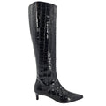 Black Tall Moc Croc Pointy Toe Kitten Heel Boot
