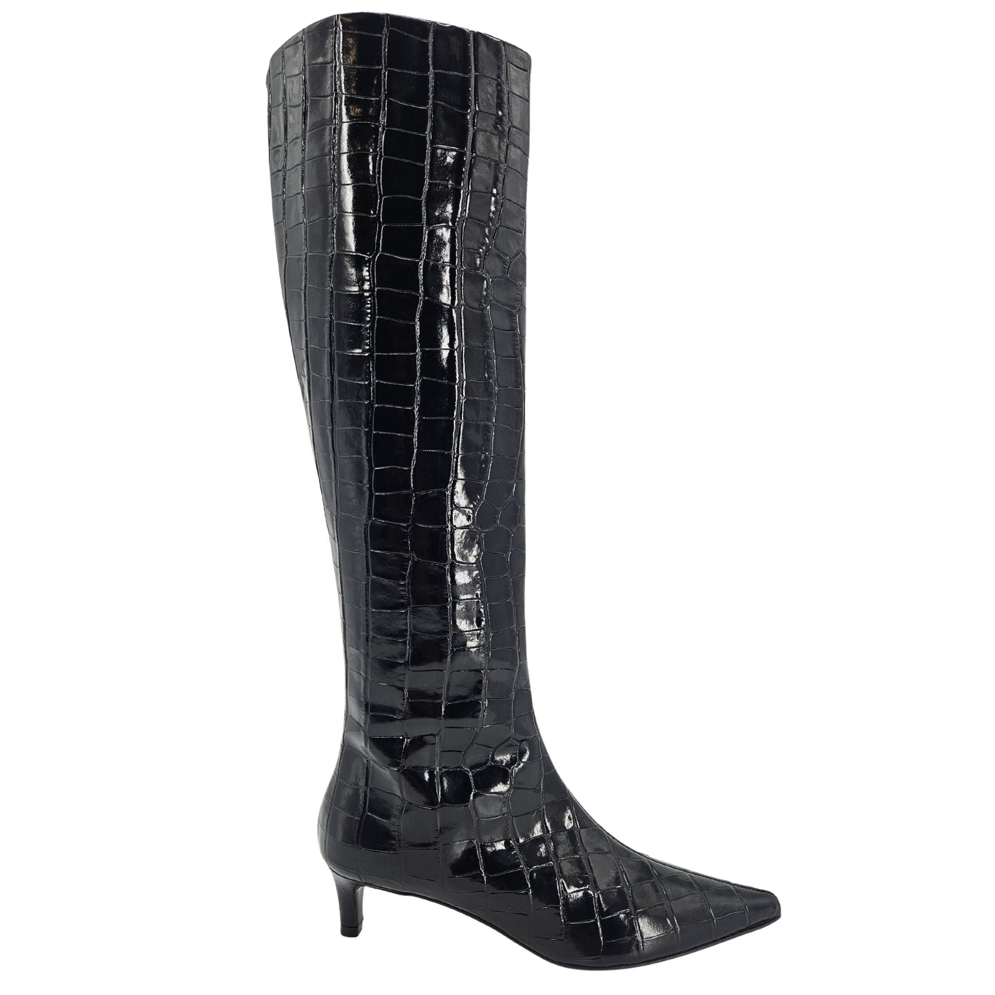 Black Tall Moc Croc Pointy Toe Kitten Heel Boot