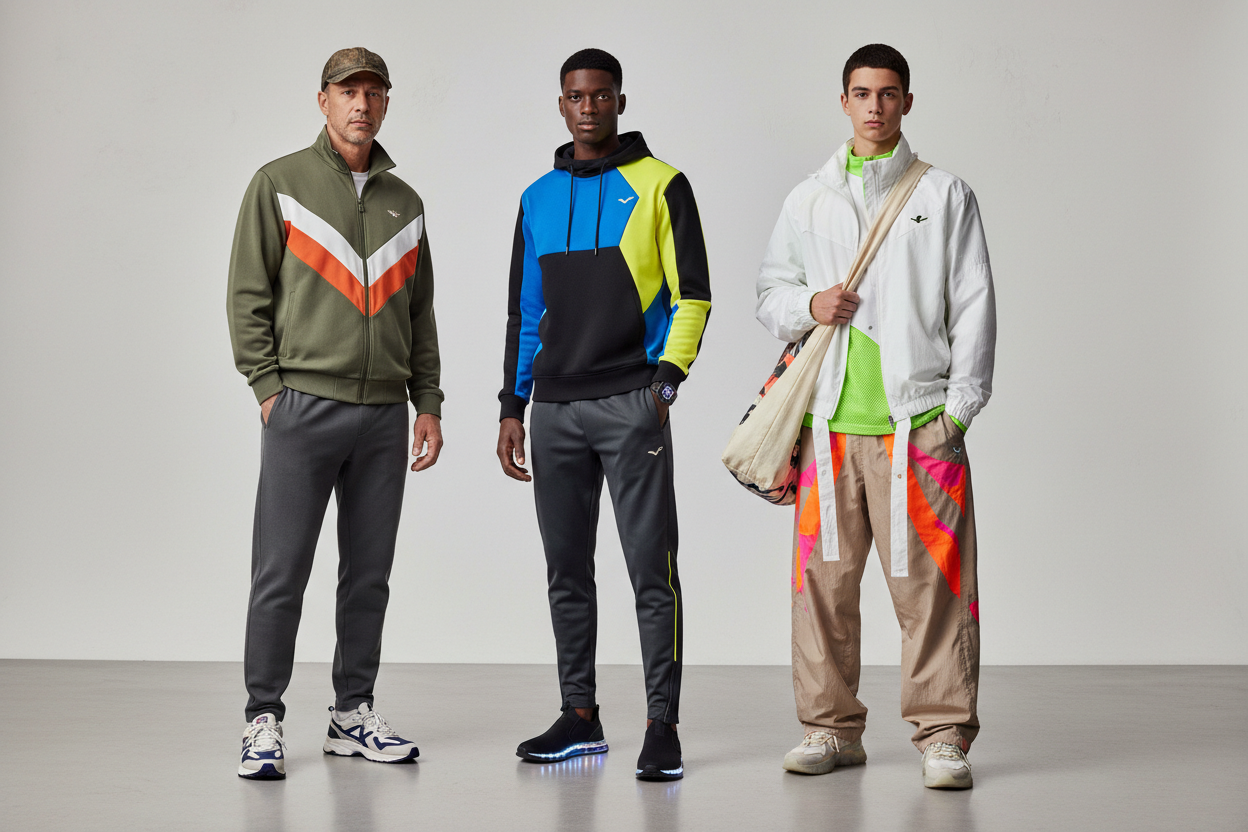 mens activewear gen x, gen y and gen-z-inspired-aesthetic-men-for-2026-with-a-focus-on-designer-outlet-shoppers; no text.
