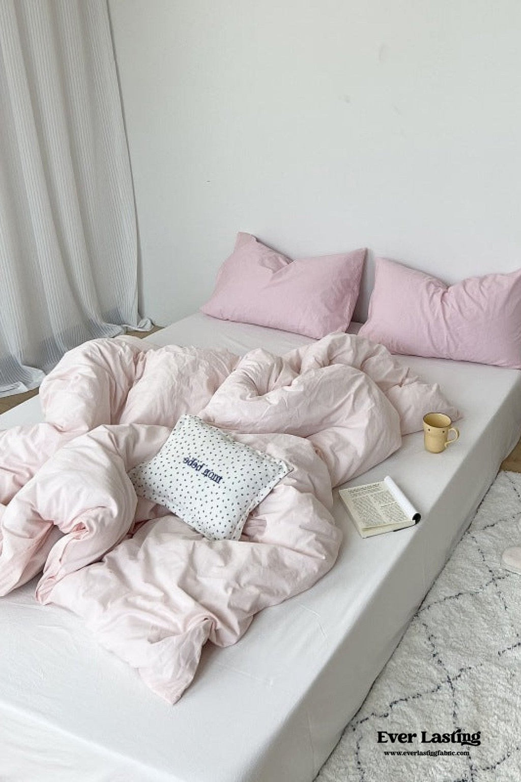 Mixed Color Washed Cotton Bedding Set / Baby Pink + White