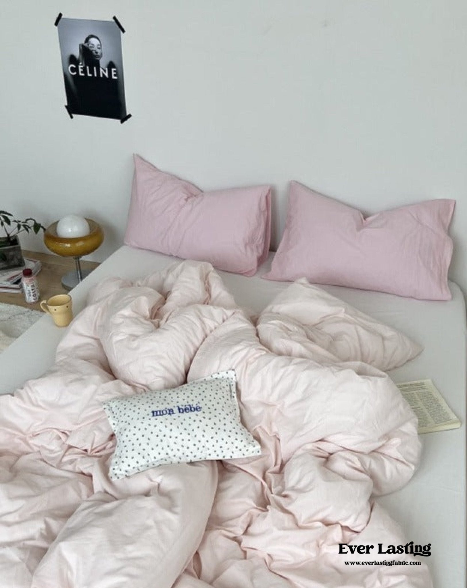 Mixed Color Washed Cotton Bedding Set / Baby Pink + White