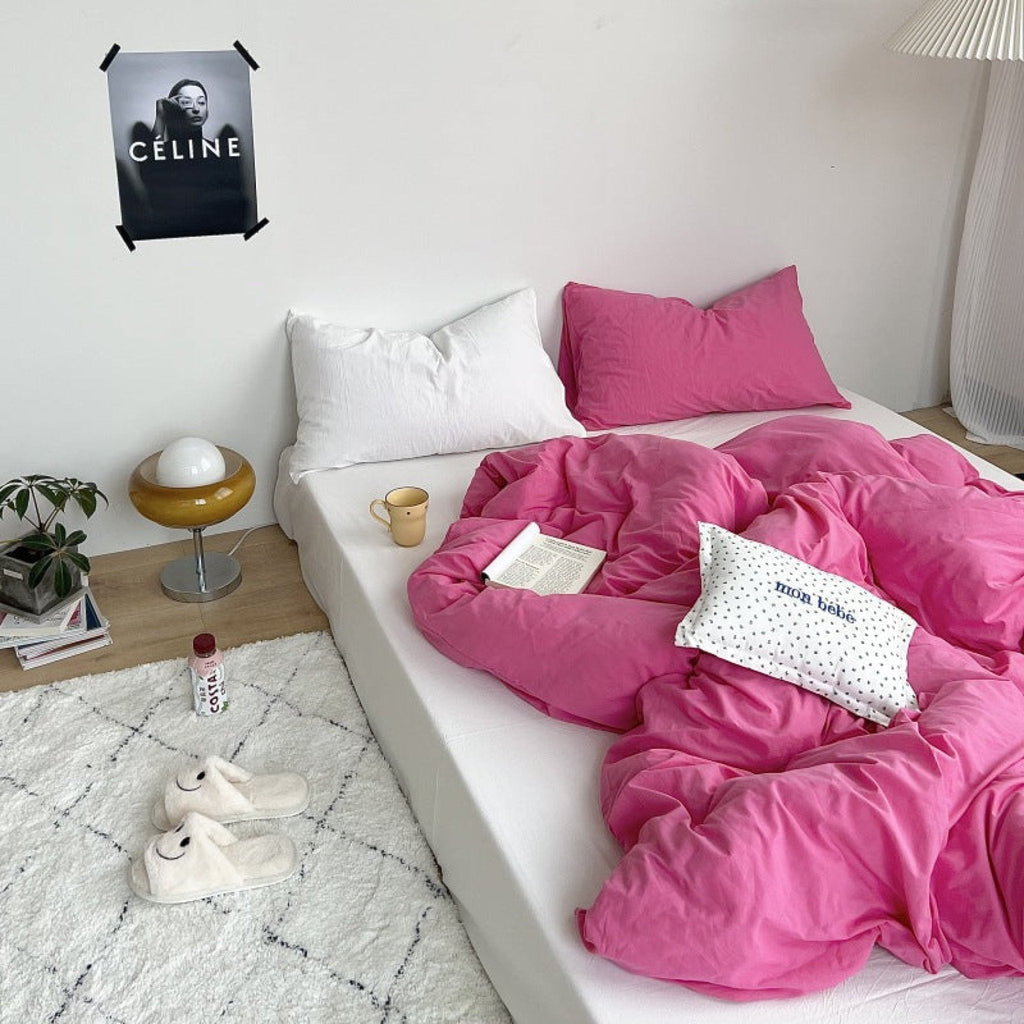 Mixed Color Washed Cotton Bedding Set / Baby Pink + White