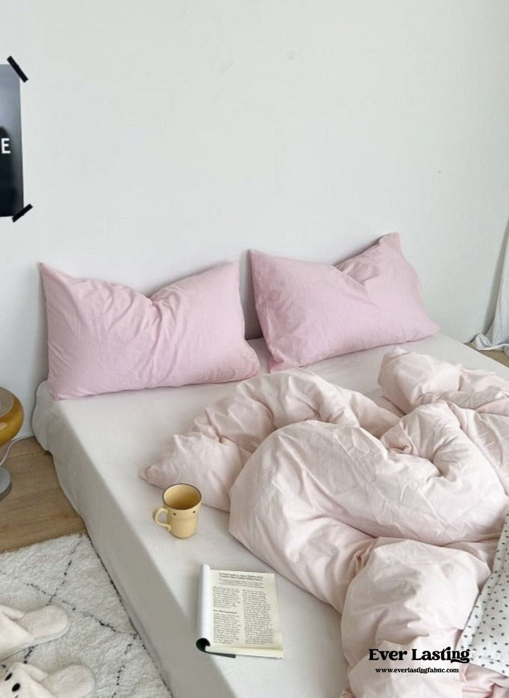 Mixed Color Washed Cotton Bedding Set / Baby Pink + White