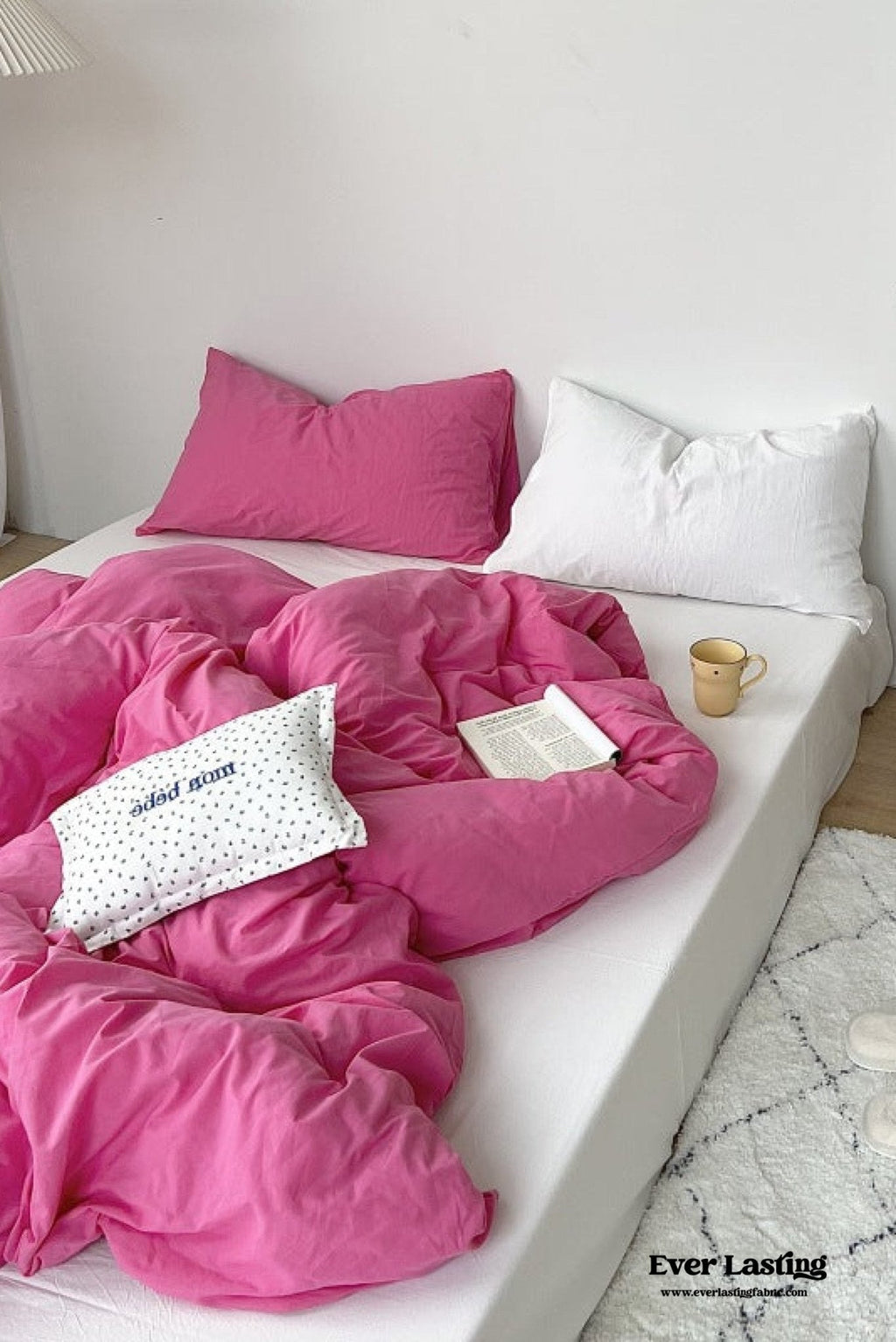 Mixed Color Washed Cotton Bedding Set / Baby Pink + White