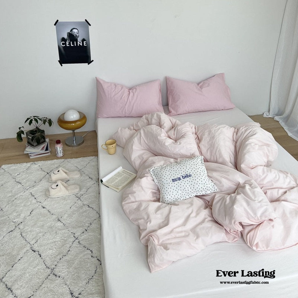 Mixed Color Washed Cotton Bedding Set / Baby Pink + White