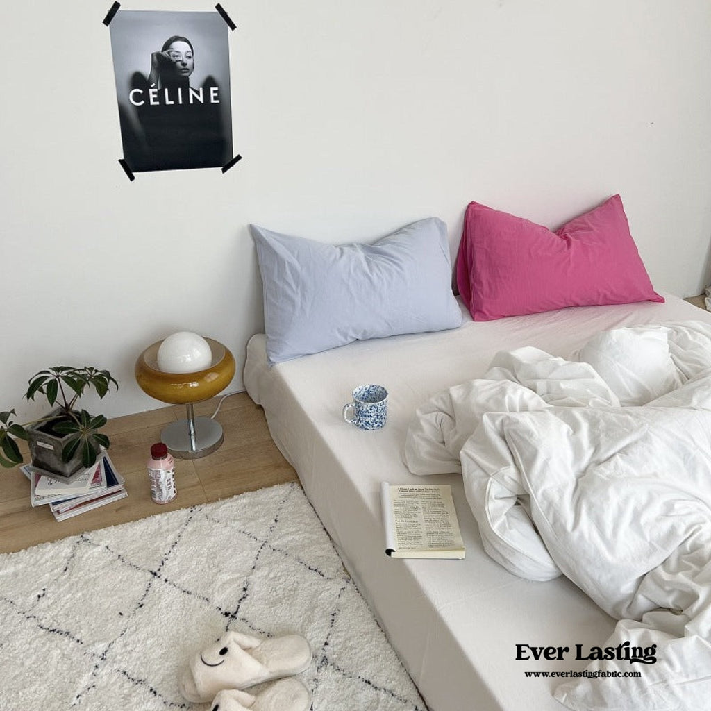 Mixed Color Washed Cotton Bedding Set / Baby Pink + White