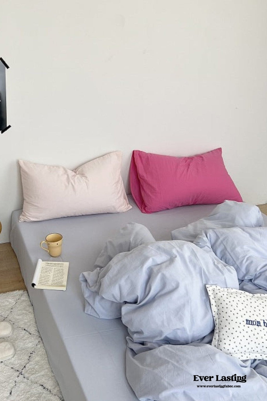 Mixed Color Washed Cotton Bedding Set / Baby Pink + White